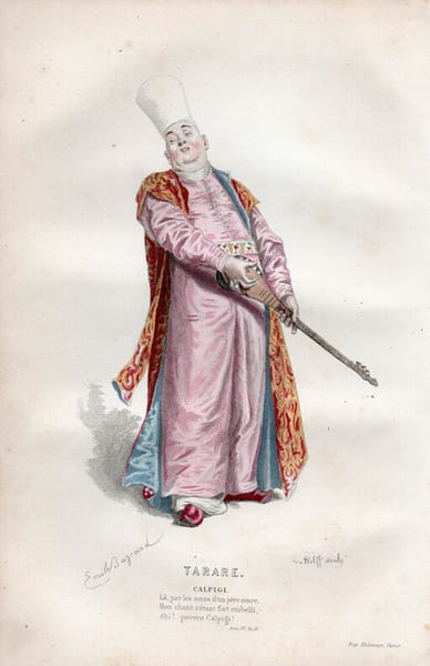 Gravure costume de Th&eacute;&acirc;tre de Beaumarchais. Tarare " Calpigi " . 