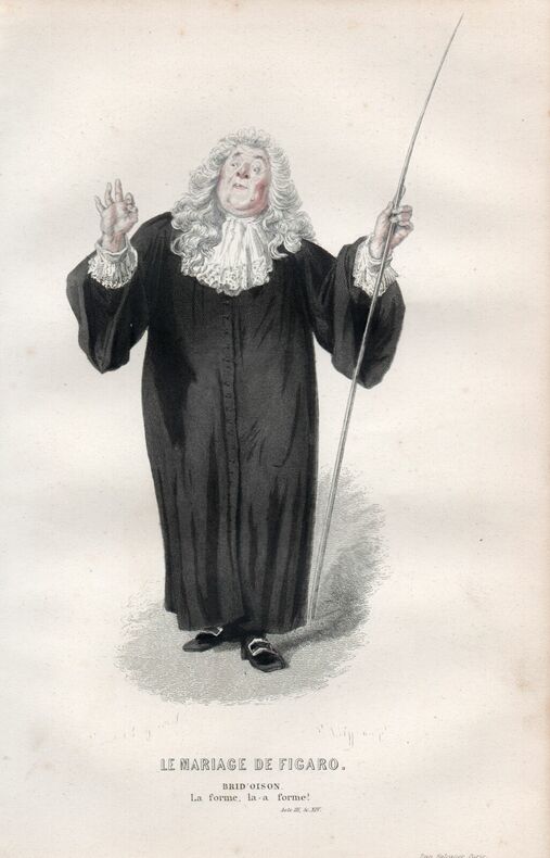 Gravure costume de Théâtre de Beaumarchais.  Le mariage de Figaro " Brid'Oison" . 