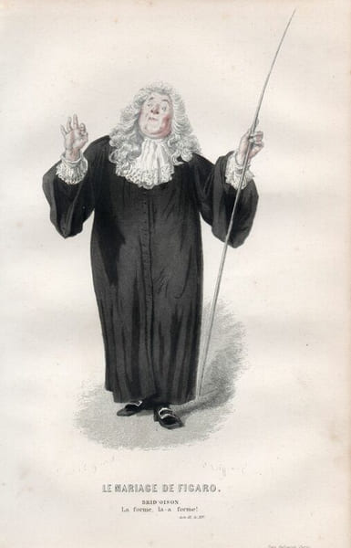 Gravure costume de Th&eacute;&acirc;tre de Beaumarchais.  Le mariage de Figaro " Brid'Oison" . 