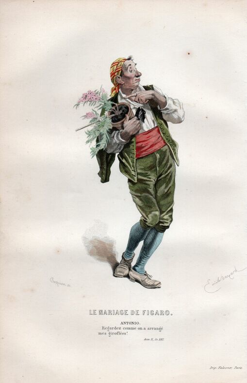 Gravure costume de Théâtre de Beaumarchais.  Le mariage de Figaro  " Antonio ". 