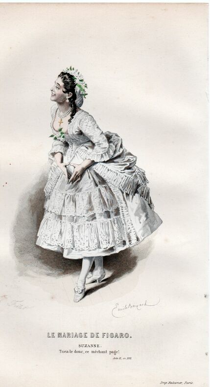 Gravure costume de Théâtre de Beaumarchais.  Le mariage de Figaro " Suzanne ". 