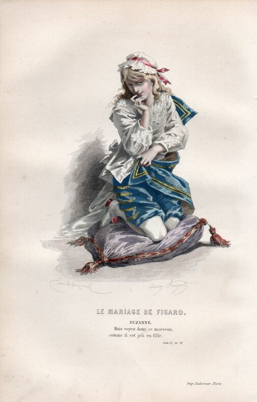 Gravure costume de Théâtre de Beaumarchais.  Le mariage de Figaro " Suzanne ". 