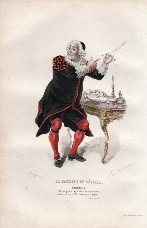 Gravure costume de Théâtre de Beaumarchais.  Le Barbier de Seville " Bartholo " . 