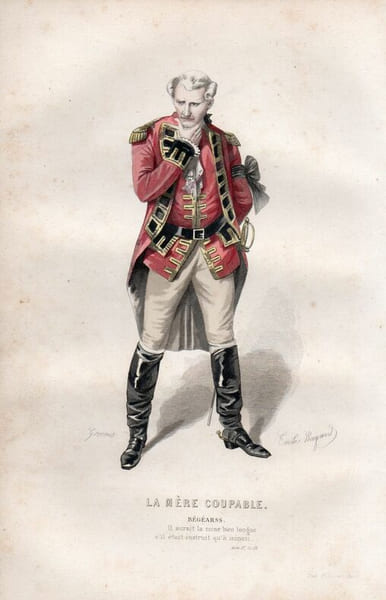 Gravure costume de Th&eacute;&acirc;tre de Beaumarchais.  La m&egrave;re coupable " B&eacute;g&eacute;arss ". 