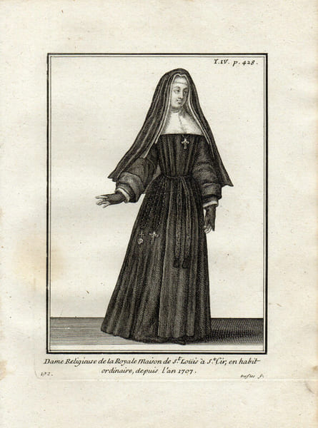 Gravure sur cuivre. DAME RELIGIEUSE DE LA ROYALE MAISON St LOUIS &agrave; St CYR habit ordinaire dep.1707 . 