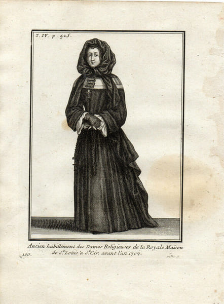 Gravure sur cuivre. ANCIEN HABILLEMENT DAME RELIGIEUSE DE LA ROYALE MAISON St LOUIS AVANT 1707. 