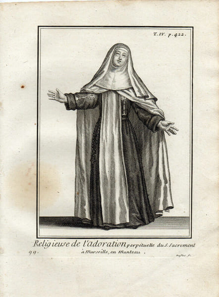 Gravure sur cuivre. RELIGIEUSE DE L'ADORATION DU S. SACREMENT &agrave; MARSEILLE en manteau. 