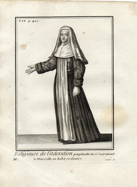 Gravure sur cuivre. RELIGIEUSE DE L'ADORATION DU S. SACREMENT &agrave; MARSEILLE en manteau. 