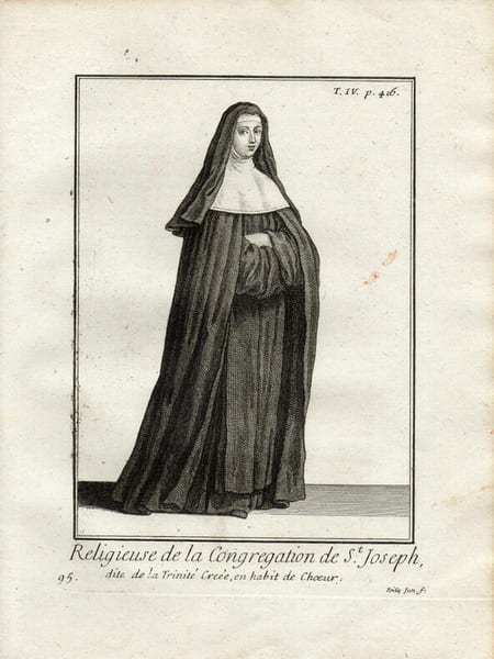 Gravure sur cuivre. RELIGIEUSE DE LA CONGREGATION DE S. JOSEPH DITE DE LA TRINITE habit de choeur
. 