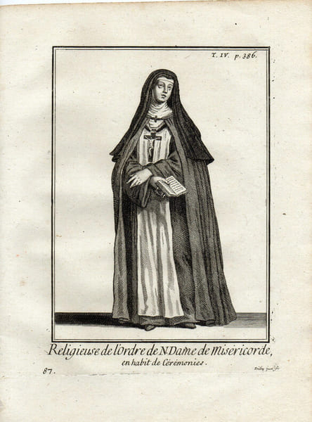 Gravure sur cuivre. RELIGIEUSE DE L'ORDRE de N.De DE CHARITE en habit de c&eacute;r&eacute;monies. 