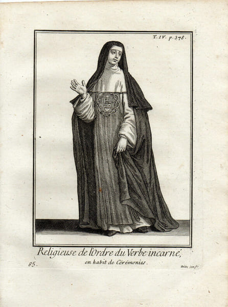 Gravure sur cuivre. RELIGIEUSE DE L'ORDRE DU VERBE INCARNE en habit de c&eacute;r&eacute;monies. 