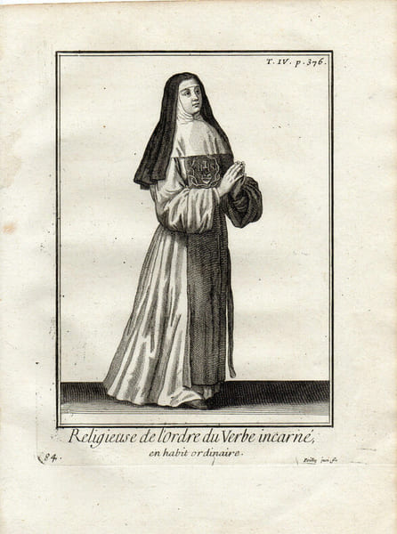 Gravure sur cuivre. RELIGIEUSE DE L'ORDRE DU VERBE INCARNE en habit ordinaire. 