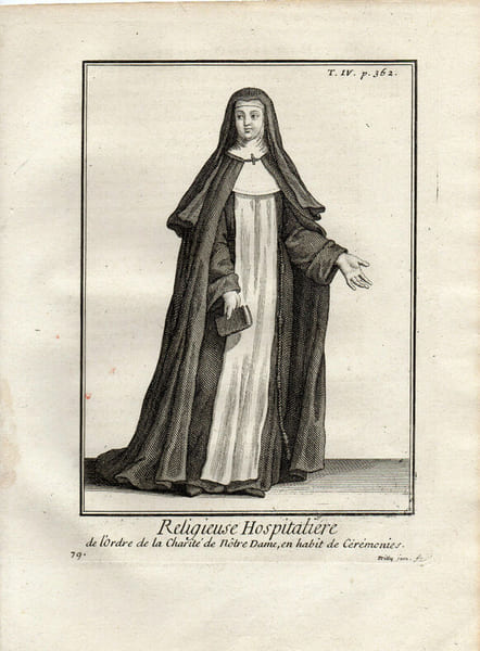 Gravure sur cuivre. RELIGIEUSE HOSPITALIERE DE L'ORDRE DE LA CHARITE DE NOTRE DAME habit c&eacute;r&eacute;monie. 