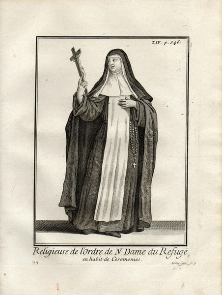 Gravure sur cuivre. RELIGIEUSE DE L'ORDRE DE N.DAME DU REFUGE en habit de c&eacute;r&eacute;monie. 
