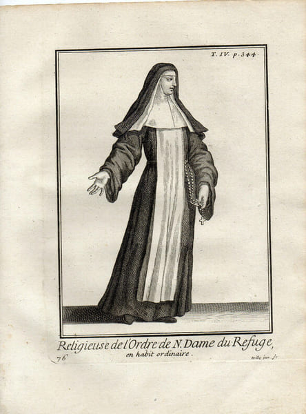 Gravure sur cuivre. RELIGIEUSE DE L'ORDRE DE N.DAME DU REFUGE en habit ordinaire. 