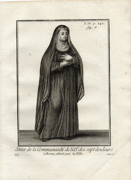 Gravure sur cuivre. SOEUR DE LA COMMUNAUTE DE NDe DES SEPT DOULEURS &agrave; ROME allant par la ville. 