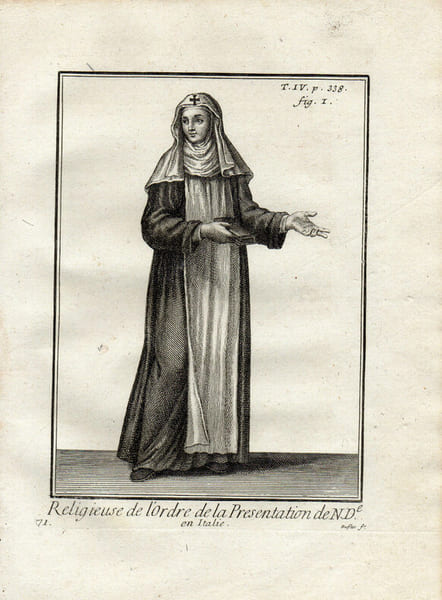 Gravure sur cuivre. RELIGIEUSE DE L'ORDRE DE LA PRESENTATION DE NOTRE DAME EN ITALIE. 