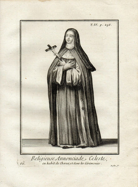Gravure sur cuivre. RELIGIEUSE ANNONCIADE CELESTE en habit de choeur & dans les c&eacute;r&eacute;monies. 