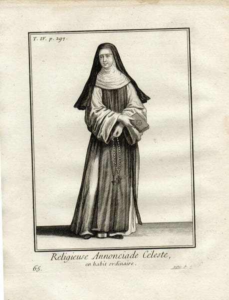 Gravure sur cuivre. RELIGIEUSE ANNONCIADE CELESTE en habit ordinaire. 