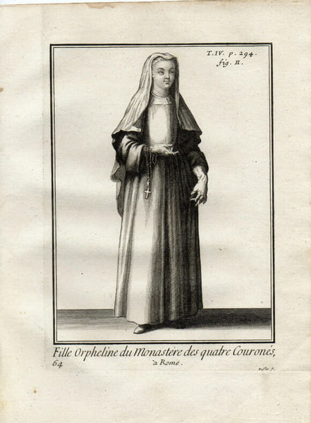 Gravure sur cuivre. FILLE ORPHELINE DU MONASTERE DES QUATRE COURONES &agrave; ROME. 