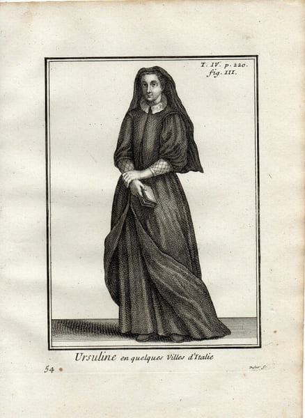 Gravure sur cuivre.  
URSULINE EN QUELQUES VILLES D'ITALIE. 