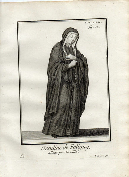 Gravure sur cuivre.  
URSULINE DE FOLIGNY ALLANT PAR LA VILLE. 