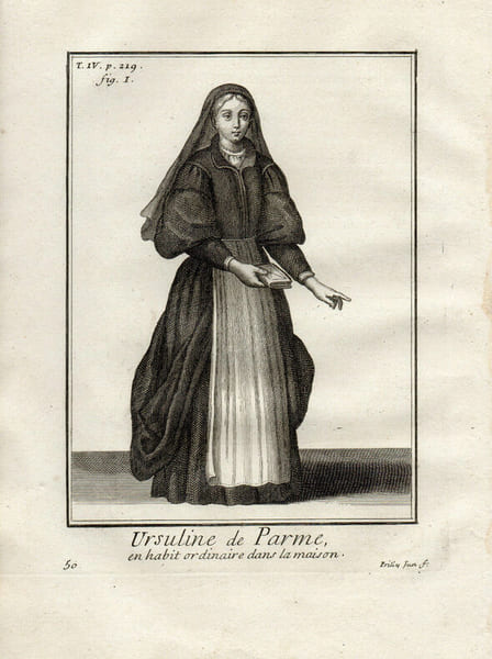 Gravure sur cuivre.  
URSULINE DE PARME EN HABIT ORDINAIRE DANS LA MAISON. 