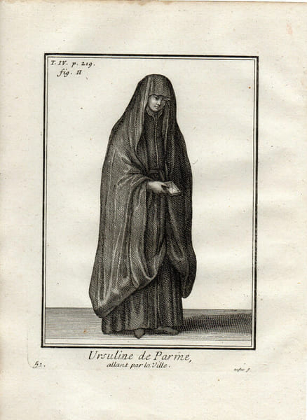 Gravure sur cuivre.  
URSULINE DE PARME ALLANT PAR LA VILLE. 