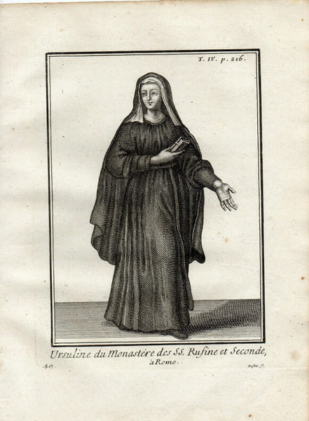 Gravure sur cuivre.  
URSULINE DU MONASTERE DES SS. RUFFINE ET SECONDE &agrave; ROME. 