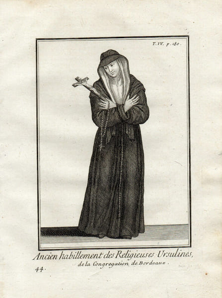 Gravure sur cuivre.  
ANCIEN HABILLEMENT DES RELIGIEUSES URSULINES DE LA CONGREGATION DE BORDEAUX. 
