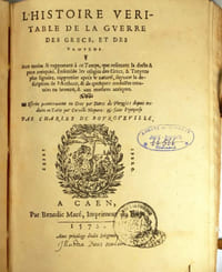 Histoire véritable de la Guerre des Grecs et des Troyens... Ensemble les Effigies des Grecs et Troyens plus signalez, rapportées après le naturel, suyvant la description de lAutheur et de quelques Médailles trouvées en bronze et aux Marbres antiques. Escrite premièrement en grec par Darès de Phrygie, depuis traduite en latin par Cornille Nepveu et faite françoise par Charles de Bourgueville.