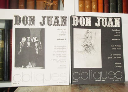 DON JUAN : Analyse d'un mythe. Volume 1. Analyse d'un mythe. Bibliographie, filmographie, mythologique, le Don Juan de Molière, le Don Giovanni de Mozart, Bérard Cassandre. 2) Volume 2. Analyse d'un mythe. Les autres Don Juan, un tombeau pour Don Juan, Masson, Quiroga.