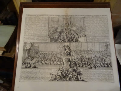 Représentation du parlement d'Angleterre, Les chambres assemblées et la reine sur son throne; l'ordre de la chambre de seigneurs et de celle des communes.