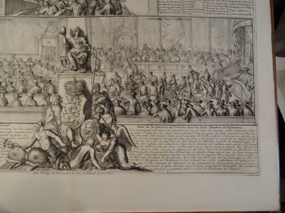 Représentation du parlement d'Angleterre, Les chambres assemblées et la reine sur son throne; l'ordre de la chambre de seigneurs et de celle des communes.