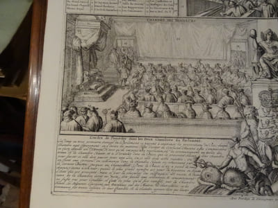 Représentation du parlement d'Angleterre, Les chambres assemblées et la reine sur son throne; l'ordre de la chambre de seigneurs et de celle des communes.