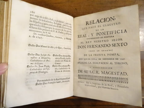 Relacion que Hace el Claustro de la real, y pontifical universidad de Cervera a la S.C.R. Magestad de el rey Nustro Senor Don Fernando Sexto que dios ...