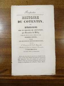 [Prospectus publicitaire] Histoire du Cotentin ou mémoires sur le diocèse de Coutances.