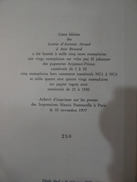 Lettres à Anie Besnard. Etablissement du texte, justification de la chronologie, par Françoise Buisson.. Artaud, Antonin.