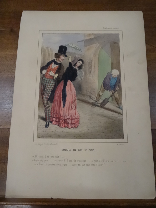 Arrosage des rues de Paris. "-Ah ! mon Dieu ma robe !... - Ayez pas peur... c'est que d'l'eau du ruisseau... et puis d'ailleurs tant pis ! ... on ...