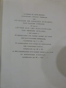 Les Ouvrages de Georges Duhamel, essai de bibliographie, précédé d'une lettre sur les bibliophiles par Georges Duhamel.
