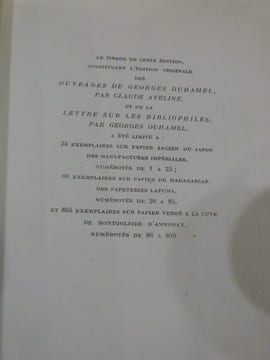 Les Ouvrages de Georges Duhamel, essai de bibliographie, précédé d'une lettre sur les bibliophiles par Georges Duhamel.. Aveline, Claude.