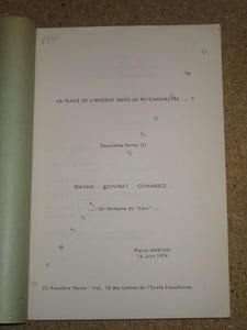 Lettres de l'Ecole Freudienne, 12. Septembre 1974. La place de l'argent dans la psychanalyse... ? Deuxième partie (1). Travail, contrat, commerce... un fantasme du "lien".