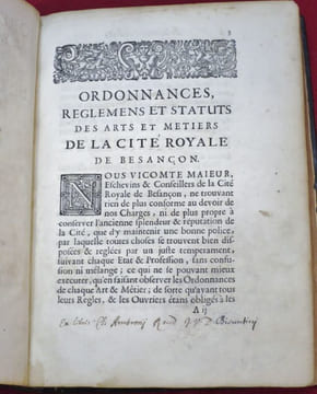 Ordonnances, Reglemens et Statuts des Arts et Metiers de la Cité Royale de BESANCON.. undefined
