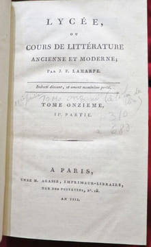 Lycée ou Cours de Littérature Ancienne et Moderne ; par J.F. LA HARPE (16 volumes).. LA HARPE, Jean François de (Delharpe).