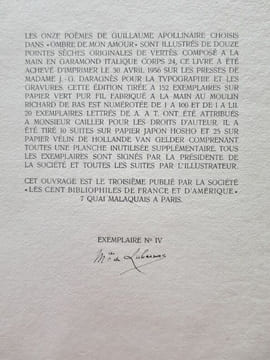 Ombre de mon amour. Poèmes illustrés de douze pointes sèches originales de Vertès.. APOLLINAIRE - VERTES.