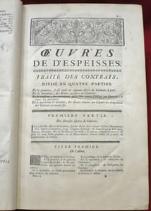 LES OEUVRES DE M. ANTOINE D'ESPEISSES, AVOCAT ET JURICONSULTE DE MONTPELLIER ; où toutes les plus importantes matières du Droit Romain sont méthodiquement expliquées & accommodées au Droit françois. Confirmées par les Arrêts des Cours Souveraines, & enrichies des plus utiles Doctrines des Auteurs anciens & modernes Nouvelle Edition, Revue, Corrigée, & très-considérablement augmentée Par Me Guy du Rousseaud de la Combe, Avocat au Parlement de Paris. I. Des contrats propres et impropres, leurs accessoires, exécution et dissolution.II. Des successions testamentaires et ab-intestat. Pratique civile. Pratique criminelle.III. Des droits seigneuriaux, des tailles et autres impositions. Des bénéfices ecclésiastiques. (3 volumes).