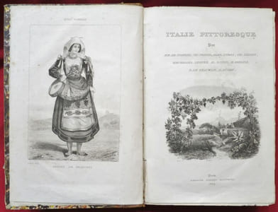 Italie pittoresque. Tableau historique et descriptif de l'Italie, du Piémont, de la Sardaigne, de Malte, de la Sicile et de la Corse, par MM. DE NORVINS, Ch. NODIER, Alex. DUMAS, Ch. DIDIER, WALCKNAER, LECOUVE, Al. ROYER, H. BERLIOZ, R. DE BEAUVOIR, H. AUGER, LEMONNIER. Orné de dessins inédits de Mme de Haudecourt-Lescot, MM. le comte de Forbin, Granet, Deveria, Storelli, Coignet, Girard, et Labrouste. Première partie : Introduction, Le Simplon, Mont Saint-Bernard, Ivrée, Verceil, Alexandrie, Marengo, Nice, Monaco, Gènes, Piombo, Toscane, Florence, Volterra, Vallombreuse, Fiesole, Pise, Livourne, Pistoia, Sienne, Arezzo, Cortone, Voyage musical - Deuxième Partie : Naples Calabre, Basilicata, Terre d'Otrange, Pouilles, Les Abruzzes.