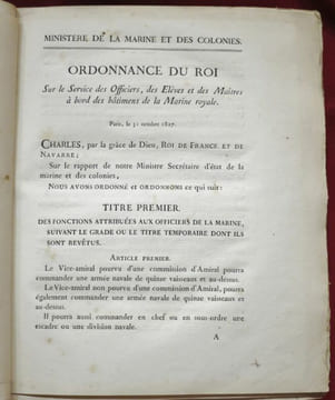 Ordonnance du Roi sur le Service des Officiers, des Elèves et des Maîtres à bord des batimens (Bâtiments) de la Marine Royale.. undefined