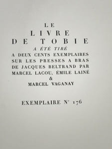 Le Livre de Tobie traduit sur la Vulgate par Le Maistre de Sacy avec une préface de l'Abbé Jean-Pierre Altermann. Illustrations de Maurice Denis gravées sur bois par Jacques BeLtrand.