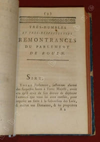 Un recueil contenant une trentaine de publications : Arrêts, Remontrances, Cour des Comptes, Normandie, Bourgogne, Bresse, Lyonnais, Montpellier, Montauban, Provence ...Extrait des Registres du Parlement de Franche-Comté, Lettre du Parlement de Besançon, au Roi, adressée au M. le Garde des Sceaux, le 30 Juillet 1787 (16 pages)/ Arrêtés du Parlement de Franche-Comté, des 4 & 9 Janvier 1788 (4 pages) / Protestation du Marquis de Digoine, Alcade de la Noblesse des Etats de Bourgogne, (4 pages) / Protestations du Bailliage & Présidial de Mâcon (3 pages) / Protestations du Parlement de Bourgogne (18 pages)/ Lettre de la Noblesse de Bourgogne, à MM. les Membres de la Commission intermédiaire des Etats de ladite Province, du 5 Juin 1788 (4 pages) / Récit substantiel de ce qui s'est passé au Baillage d'Ornans, Comté de Bourgogne, le 6 Juin 1788 (4 pages)/ Extrait des Minutes du greffd du Bailliage de Besançon (28 pages) / Extrait des Registres du Parlement de Franche-Comté, 22 avril 1789 (23 pages) / /Itératives Remontrances du Parlement de Normandie au Roi, Au sujet de l'Edit d'Octobre dernier, concernant les Vingtiemes, 1788 (17 pages) /Remontrances du Parlement de Rouen, Arrêtés le 8 Août 1787 ( 31 pages) / Arrêté du Parlement de Normandie, du 23 Août 1787 (7 pages) / Arrêté du Parlement de Rouen, du 22 Août 1787 (4 pages) / Lettre d'un Conseiller du Parlement de Paris, à un Conseiller du Parlement de Normandie (62 pages) / Arrêté du Parlement de Normandie, sur l'Edit des Vingtiemes, du 20 décembre 1787 (10 pages) / Lettre du Parlement de Normandie au Roi, du 17 janvier 1788 (12 pages) / Remontrances du Parlement de Normandie au Roi, le 5 février 1788 (30 pages) / Arrêt du Parlement de Rouen, du Vendredi 11 avril 1788 (4 pages) / Extrait des Registres du Parlement de Normandie, du Lundi 5 mai 1788 (paginé de 9 à 17) /Arrêté du Bailliage & Siège Présidial de Caen, du 9 juin 1788 (4 pages) / Discours prononcé par le Sieur Vasse, Procureur du Roi au Bailliage de Rouen, à la rentrée de son siège, 1788 (paginé de 4 à 14) / / Très-Humbles et très-respectueuses Remontrances de la Cour des Comptes, Aides Et Finances de Montpellier sur l'Edit du mois d'Octobre dernier, portant prorogation du second Vingtieme pendant les années 1791-1792 (38 pages) / Arrêté de la Cour des Comptes, Aides et Finances de Montpellier, du mardi 11 septembre 1787 (8 pages) / Très-humbles et très-respectueuses Remontrances, que présentent au Roi les Gens tenant sa Cour des Aides de Montauban, sur l'Edit d'Octobre 1787, portant prorogation du second Vingtieme (19 pages) / Présentations des Officiers de la Sénéchaussée et Siège Présidial de Lyon, à Lgr le Garde des Sceaux de France (24 pages) / Discours prononcé par M. Antoine de Malvin de Montazet, Archevêque & Comte de Lyon, Primat de France, Président de la Généralité de Lyon, à l'ouverture des séances, le 5 novembre 1787 (8 pages)/ Mémoire de la Ville de Lyon au Roi, (27 pages)/ Arrêté de la Sénéchaussée de Lyon, du Vendredi 23 Mai 1788 (8 pages) / Récit de ce qui s'est passé au Grand-Bailliage de Lyon, lors de sa rentrée en Sénéchaussée & Siège Présidial, le 3 octobre 1788 ( 11 pages) / Lettres de Avocats au Parlement de Provence à Monseigneur le Garde des Sceaux, sur les nouveaux Edits transcrits par les Commissaires de sa Majesté, dans les Registres des Cours Souveraines du pays, le 8 mai 1788 (31 pages) / Protestation des Officiers du Parlement d'Aix (24 pages) / Délibérations et Remontrances du Corps de la Noblesse de Provence (22 pages).